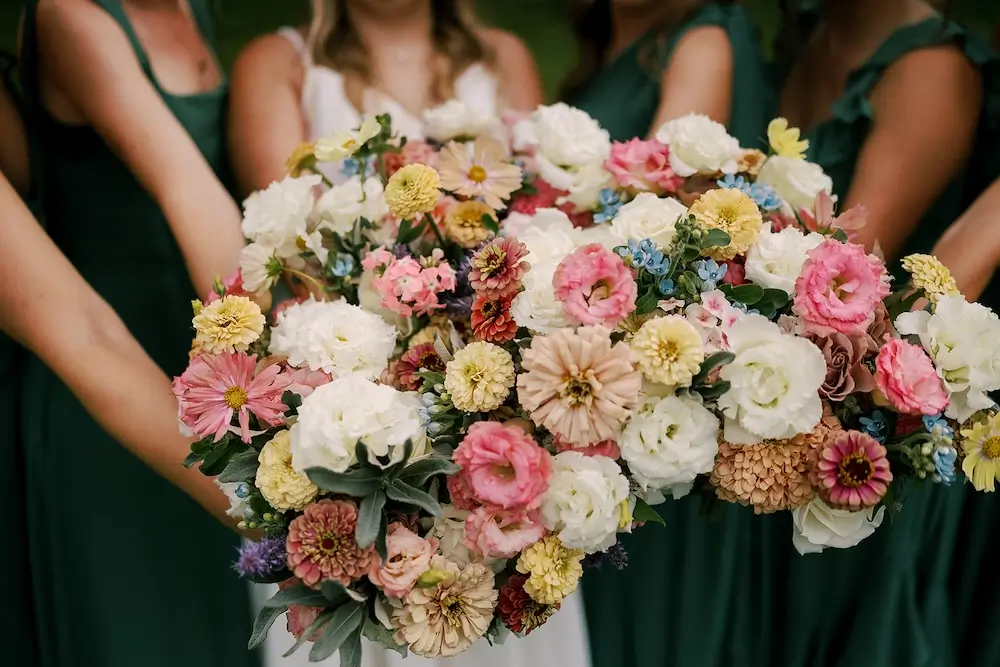 pastel Zinnia bouquet collection with pink peach yellow and white flowers