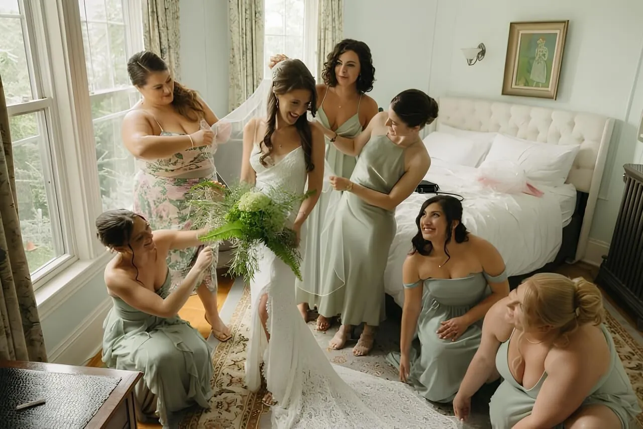 Bride getting ready with bridesmaids helping with veil and dress in a bright bedroom