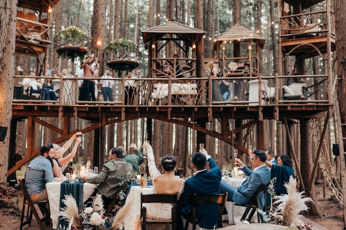 A couple toasts their small guest list at their micro wedding