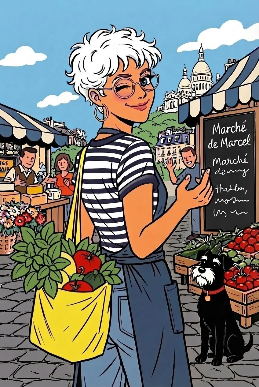 Marcel au marché de Paris avec Ursula, sac jaune et Sacré-Cœur — illustration Marcel Cuisine
