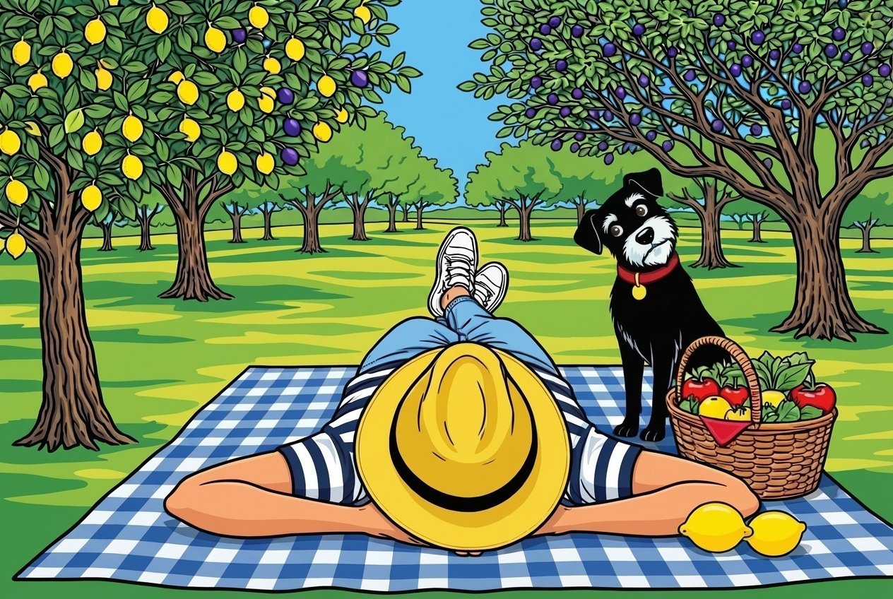 Marcel allongé dans le verger avec Ursula, panier de légumes — illustration Marcel Cuisine