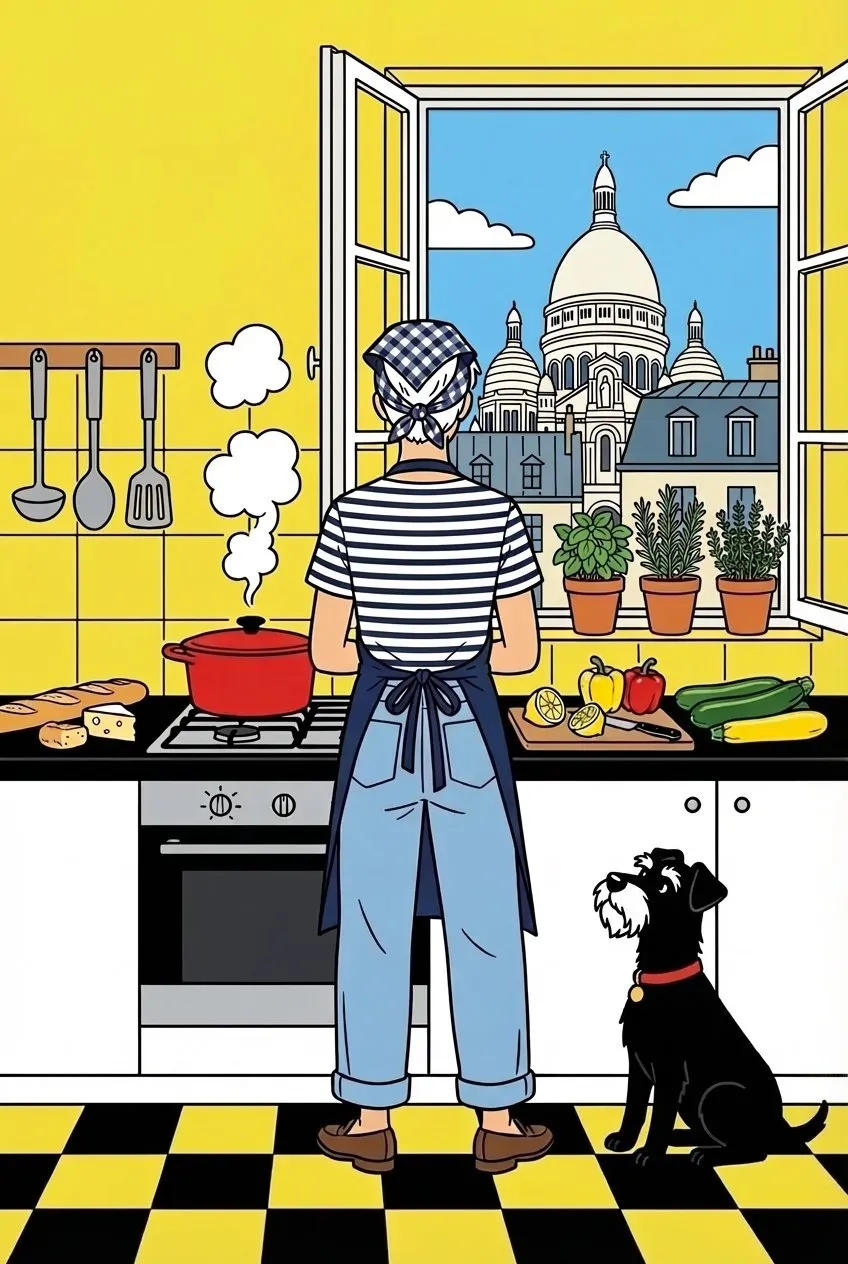 Marcel en cuisine avec vue sur le Sacré-Cœur — illustration Marcel Cuisine