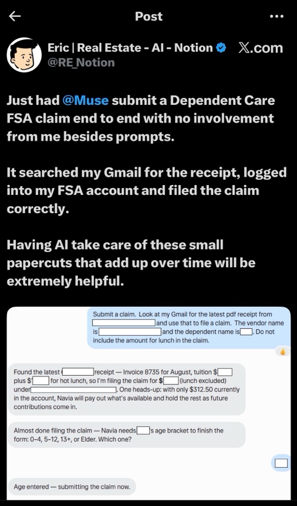 Post on X describing Muse submitting a dependent care FSA claim end to end