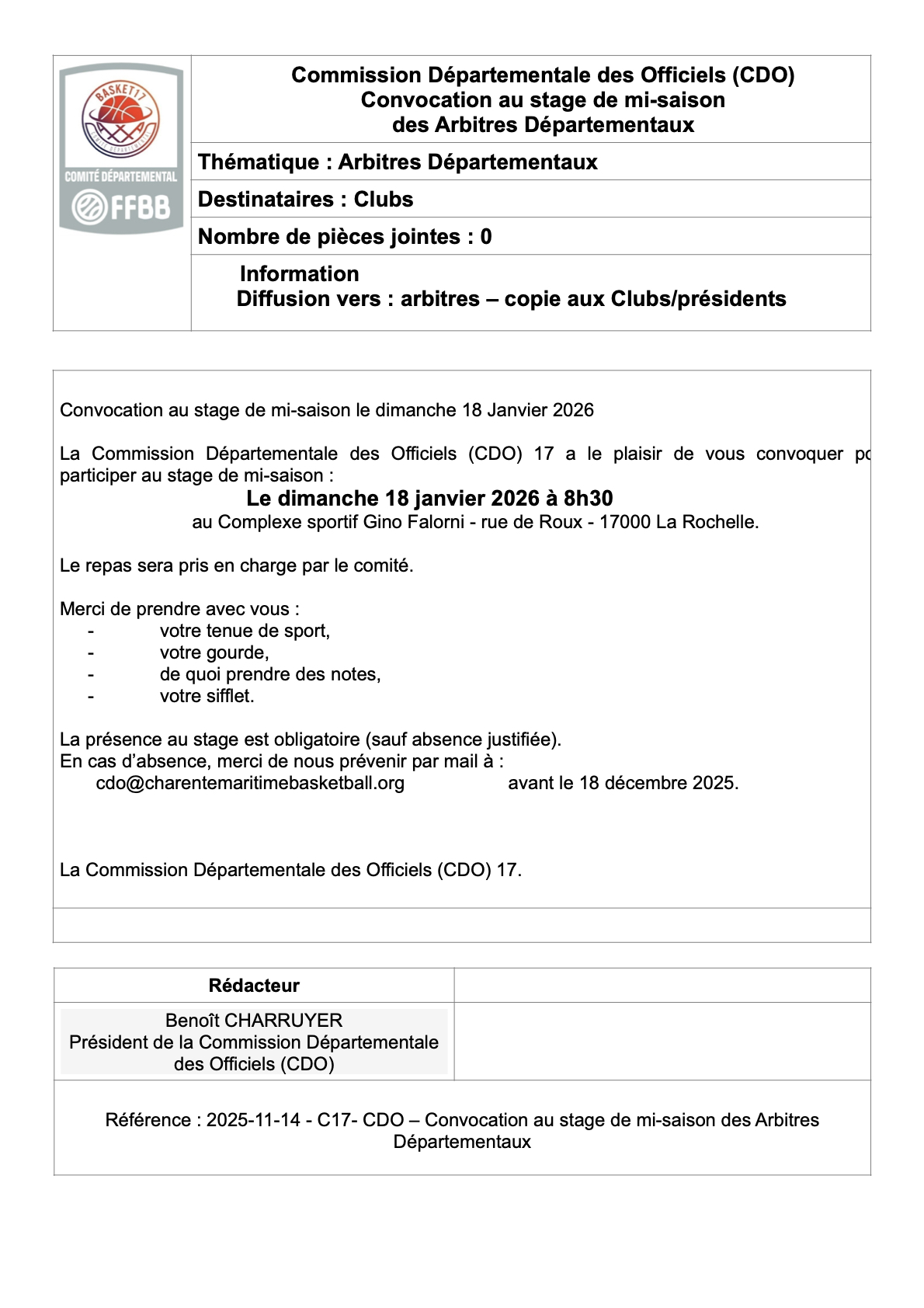 Convocation de stage de mi-saison des Arbitres Départementaux 