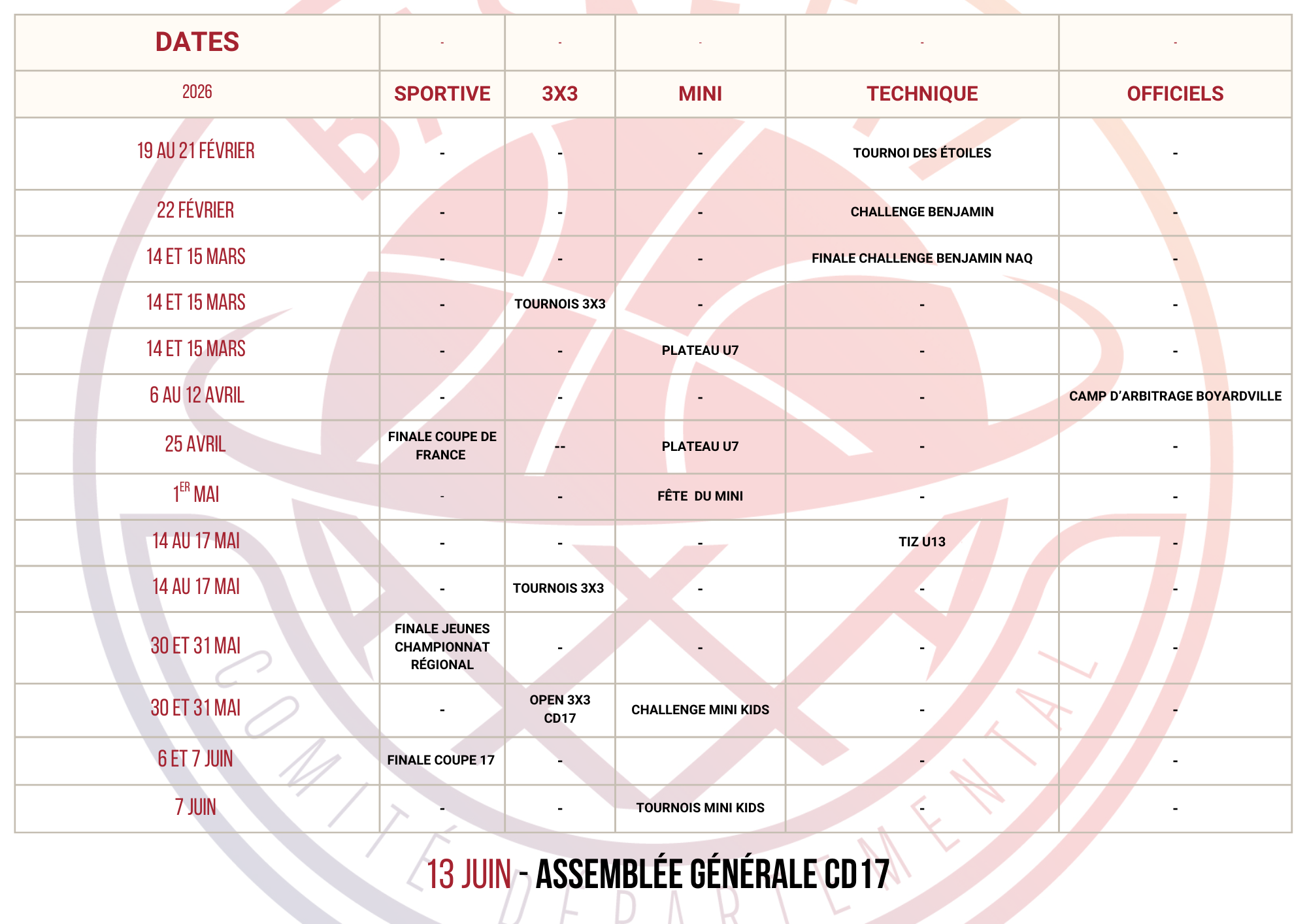 Planning des évènements 