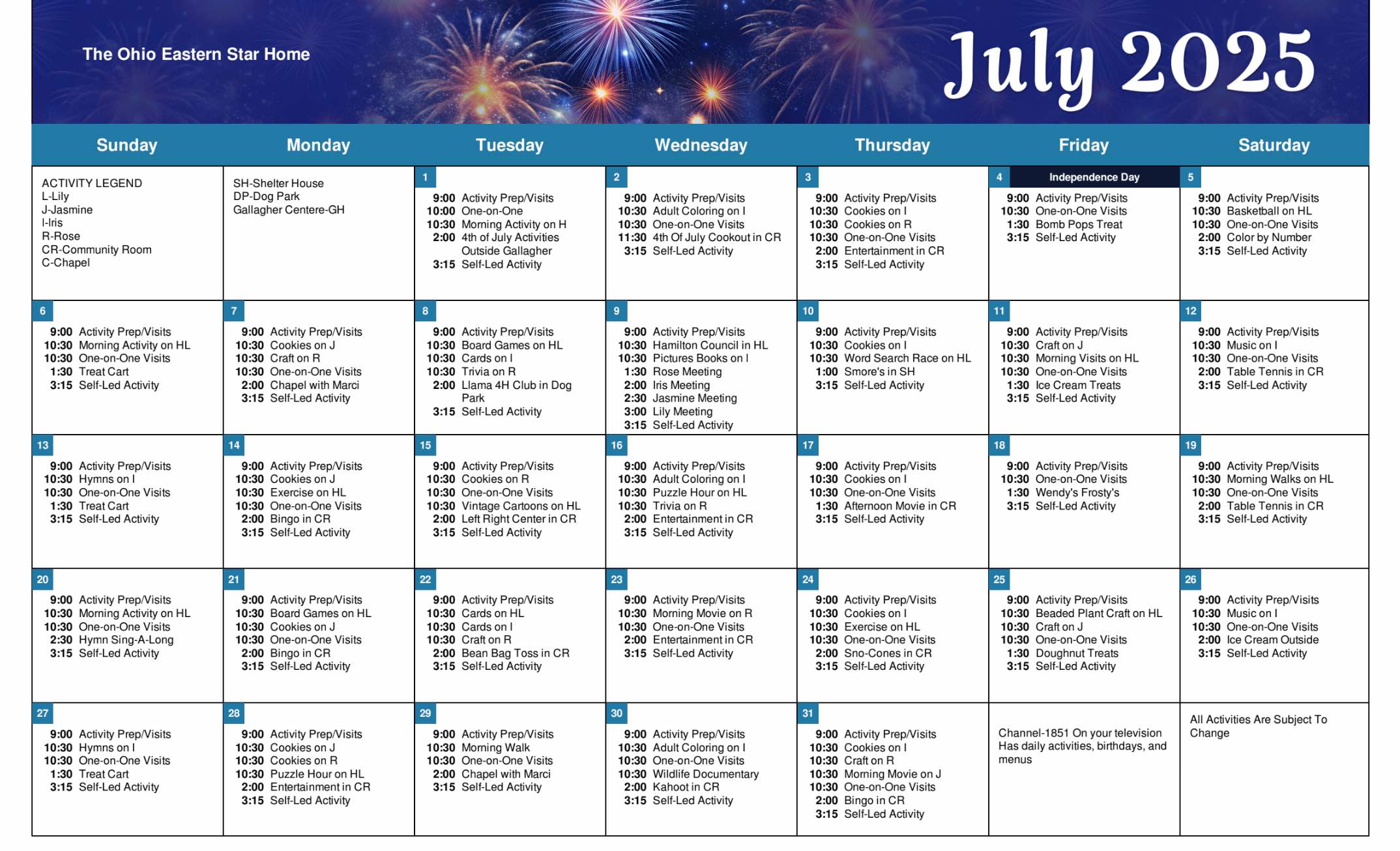 The July 2025 calendar for senior activities at The Ohio Eastern Star Home.