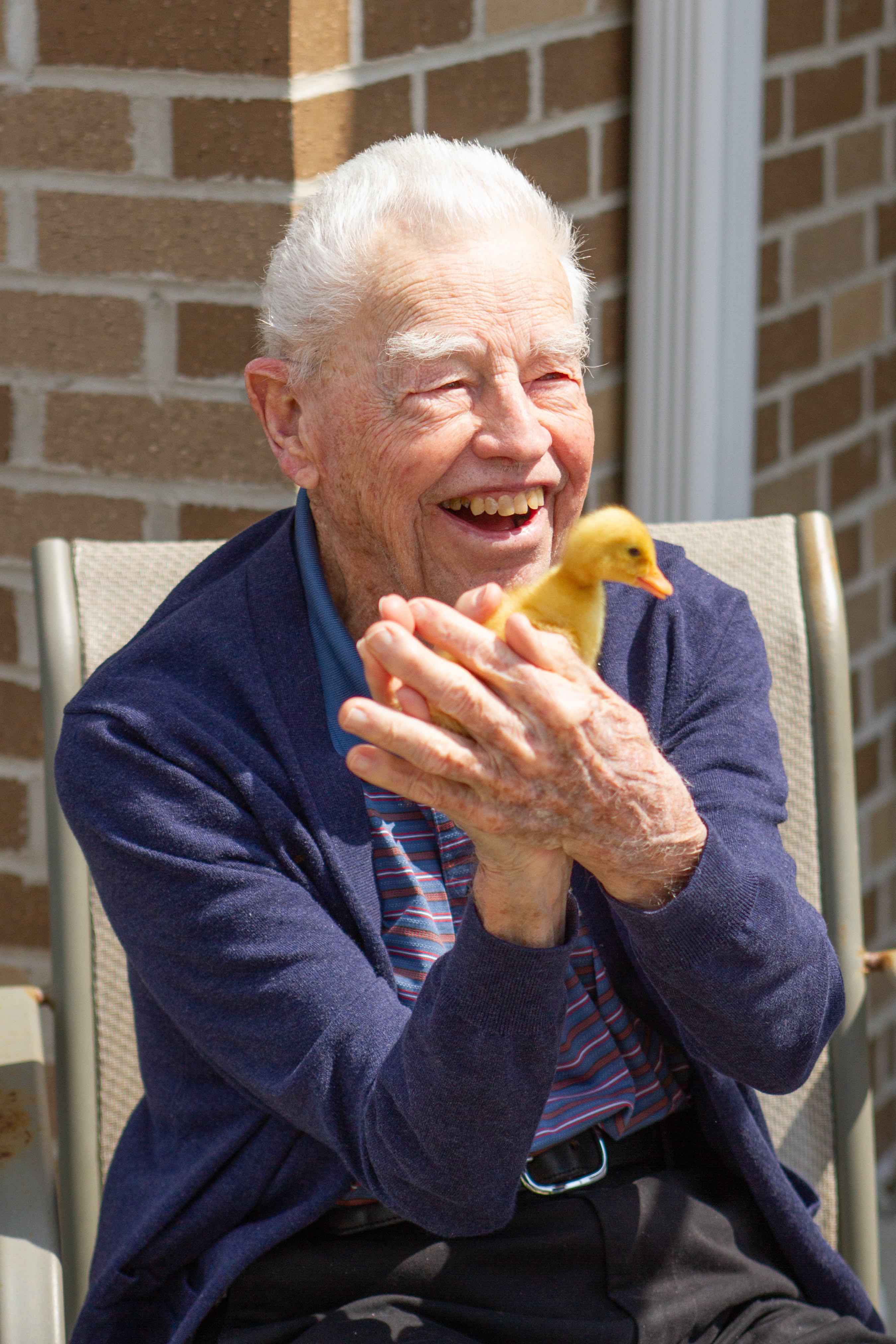 A sweet, laughing senior man carefully holds a baby duckling in his hands at an assisted living home in Ohio.