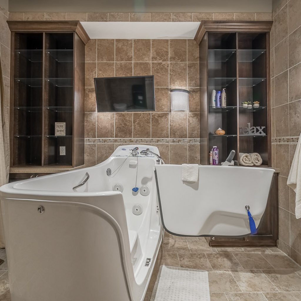 A special bathtub modified to open from the side for senior rehabilitation center patients.