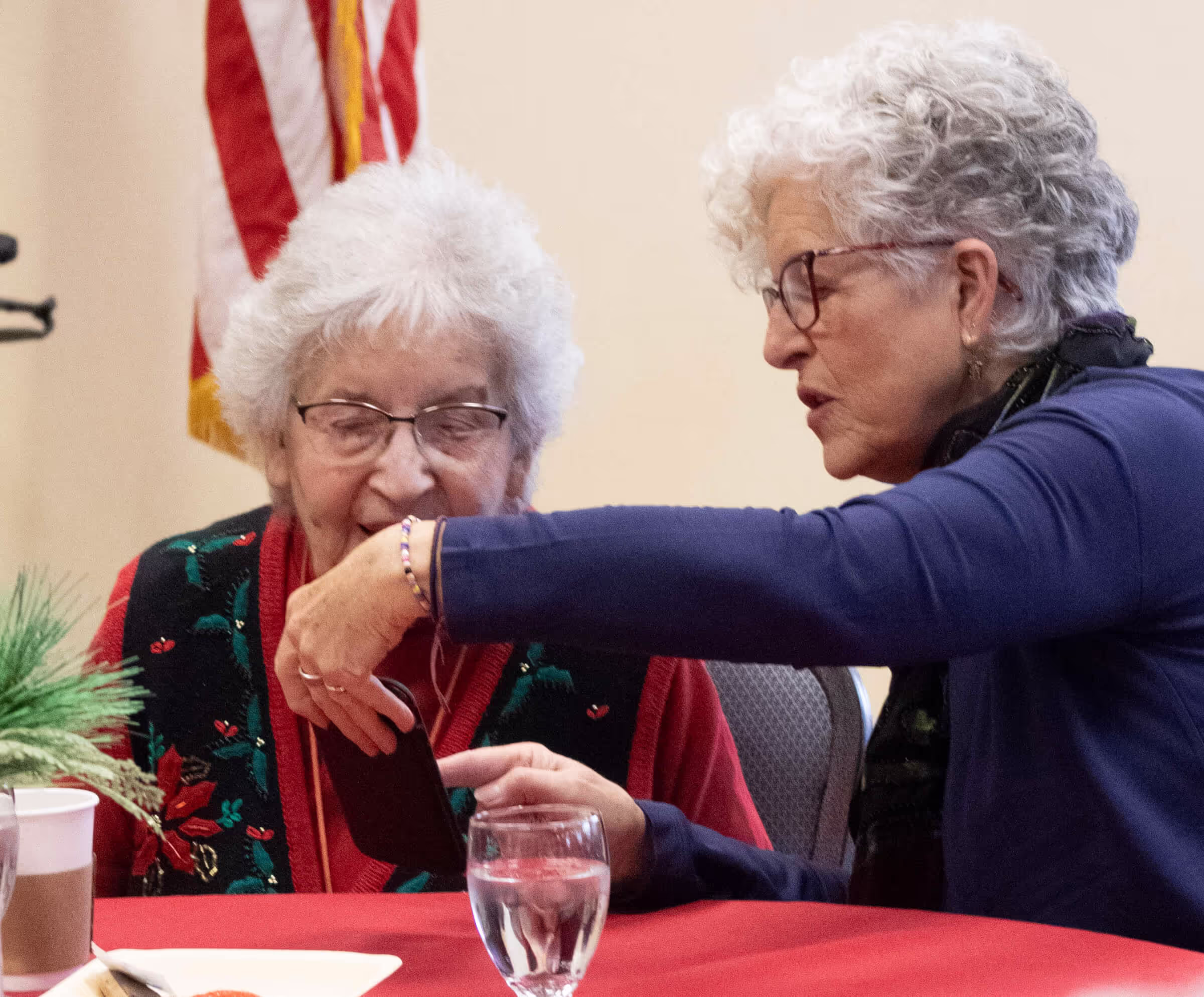 Two seniors socializing over a mobile device.