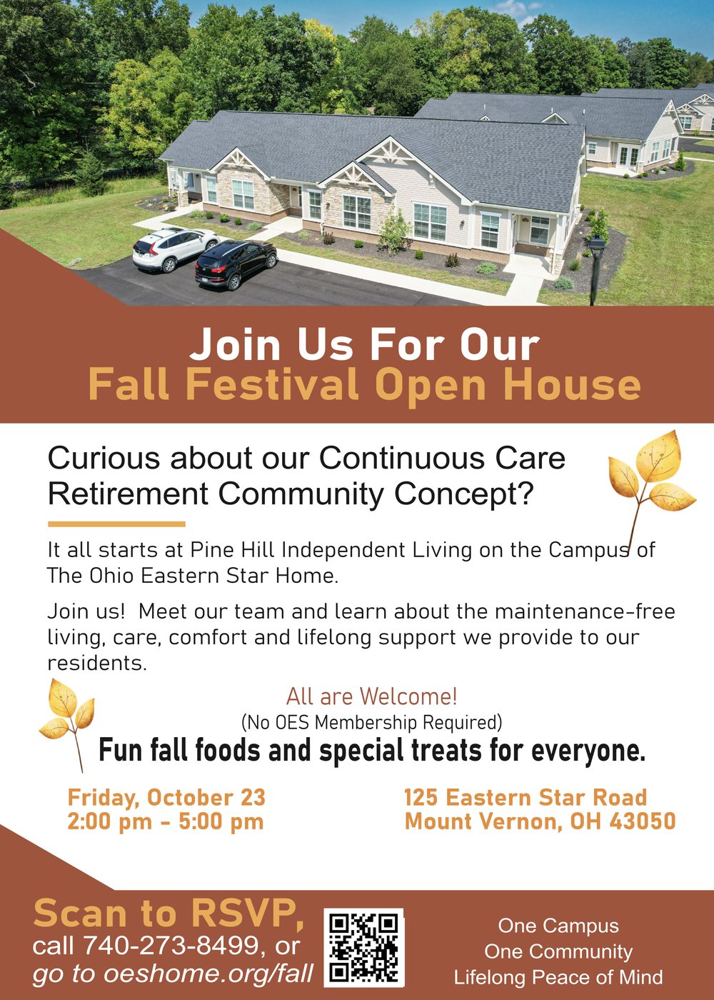 Fall Festival Open House invitation for Friday, October 23, 2:00 to 5:00 pm at Pine Hill Independent Senior Living