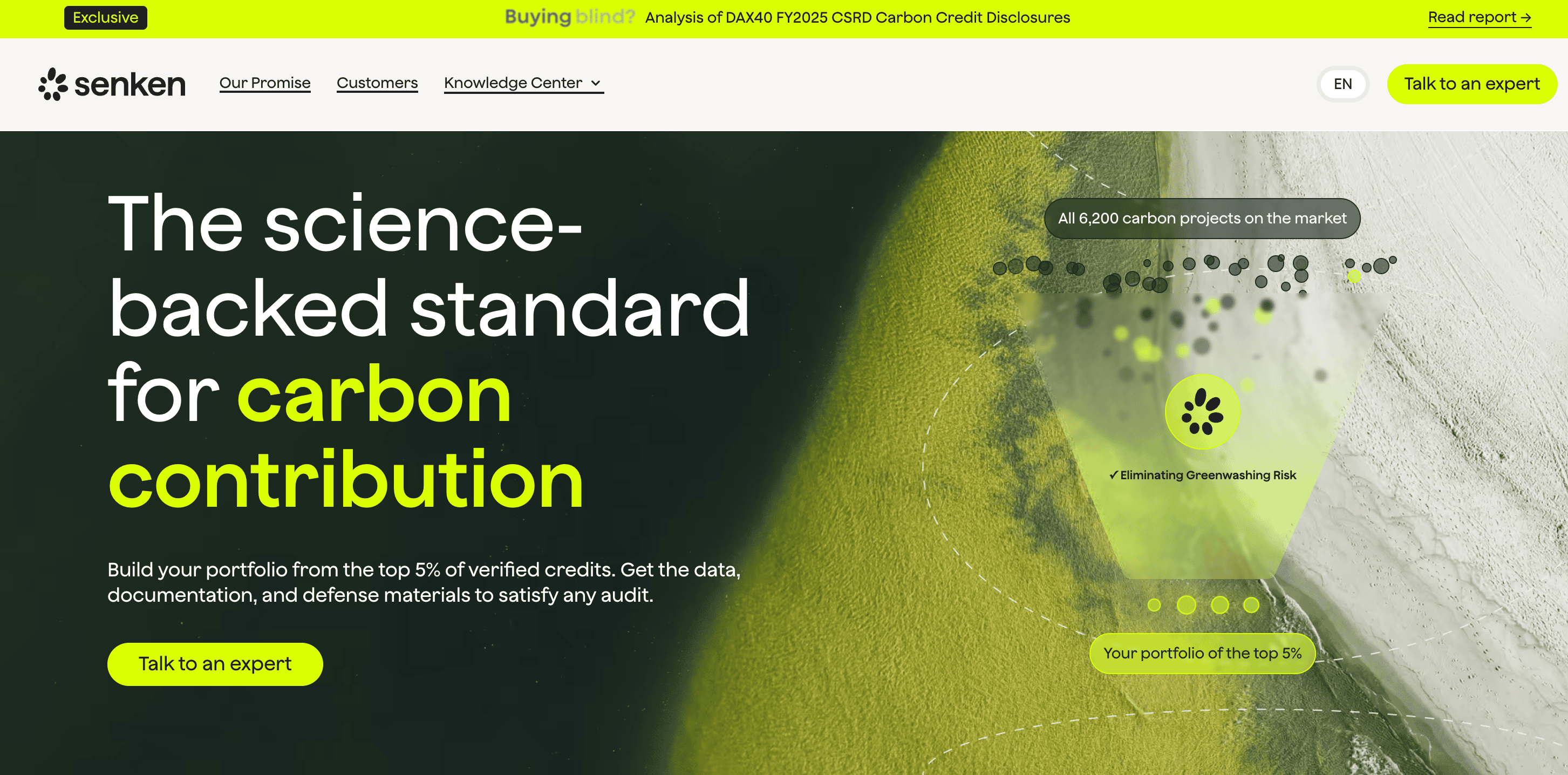 Senken CO2-Removal Plattform Startseite mit Portfolio-Dashboard und Integrity Scoring