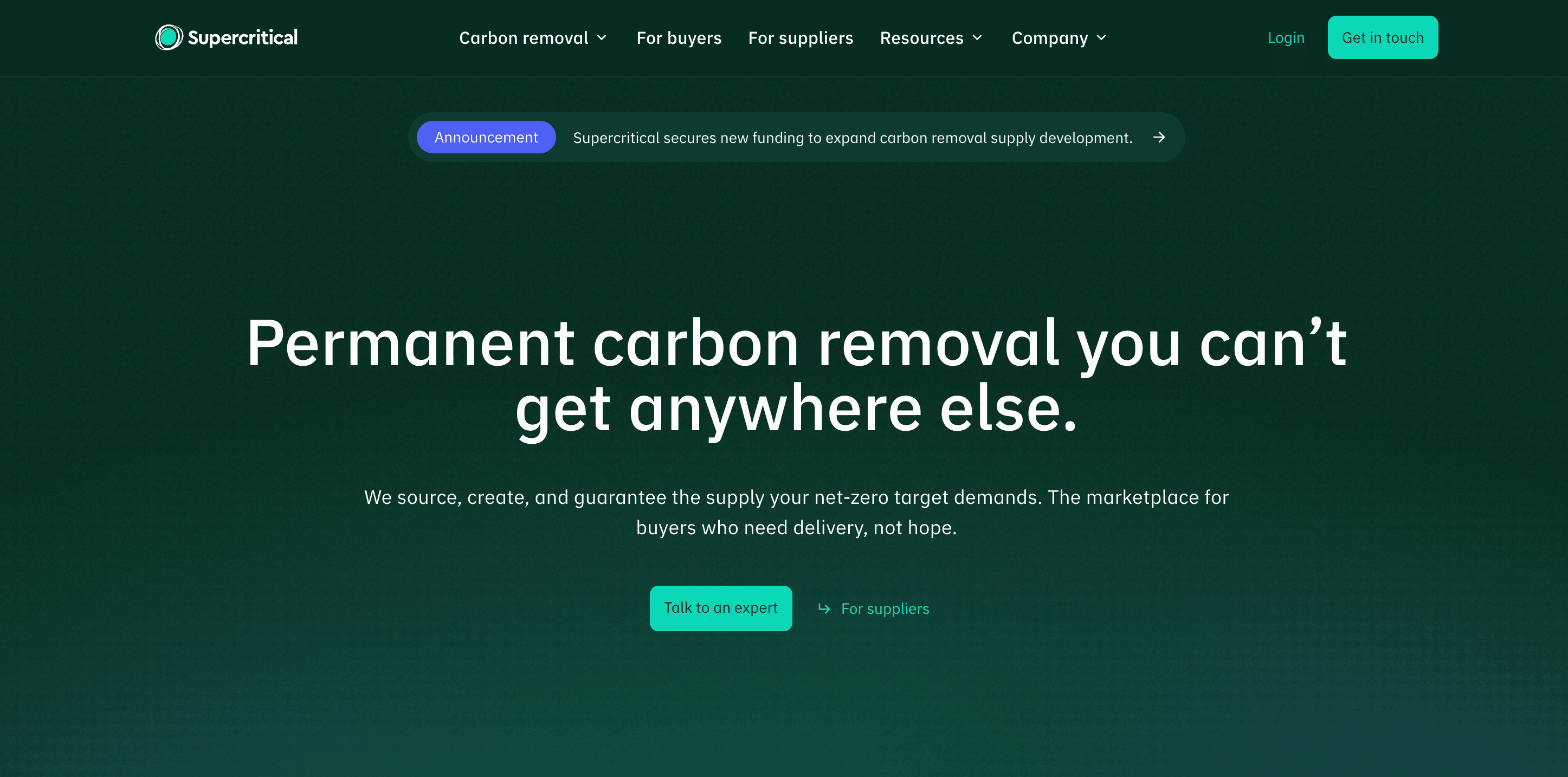 Supercritical permanent carbon removal marketplace homepage with product interface preview