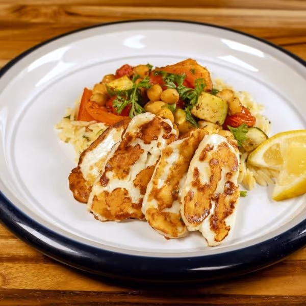 Lemony Orzo with Roasted Vegetables and Fried Halloumi