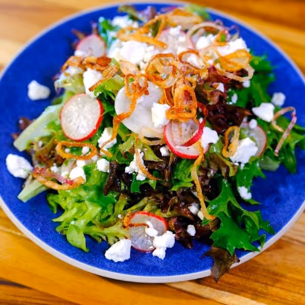 Spring Greens and Hakurei Salad with Crispy Shallots