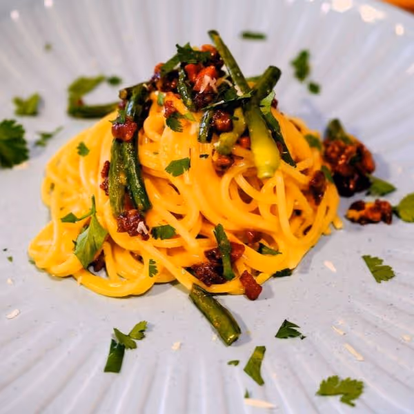 Spaghetti Carbonara with Garlic Scapes