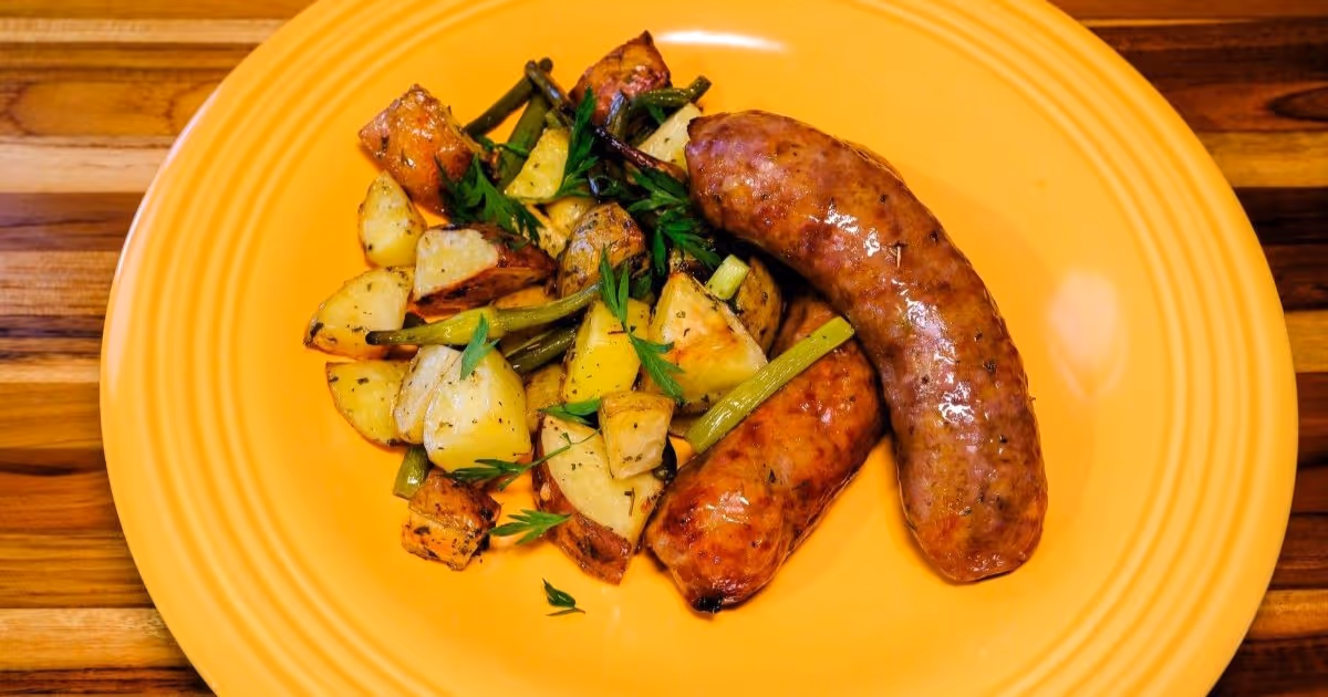 Green Heart Garden | Recipe - Sheet Pan Sausage, Potatoes, and Garlic Scapes