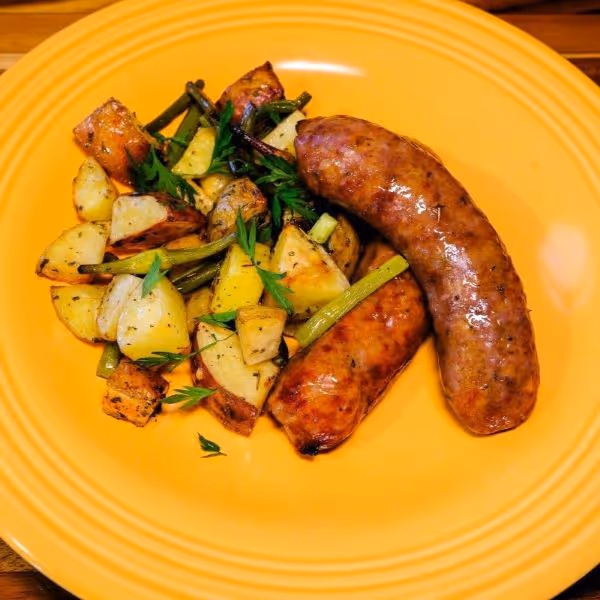 Sheet Pan Sausage, Potatoes, and Garlic Scapes