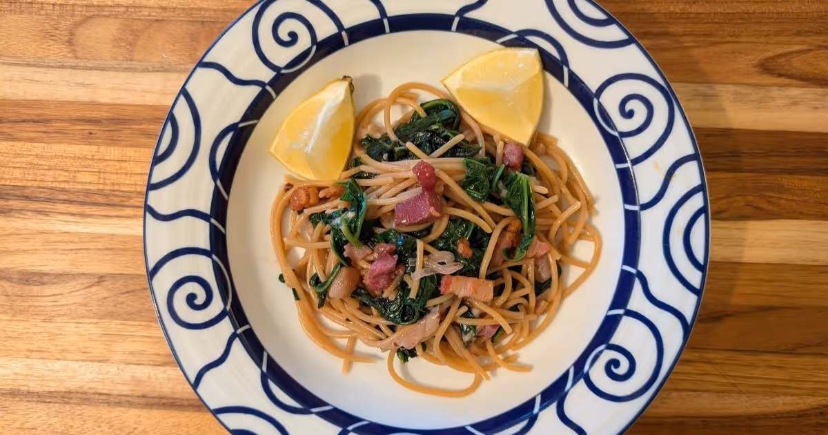 Green Heart Garden | Recipe - Lemony Mustard Green and Pancetta Spaghetti