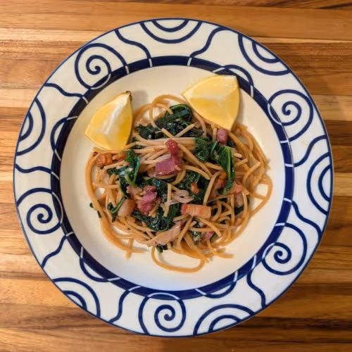 Lemony Mustard Green and Pancetta Spaghetti
