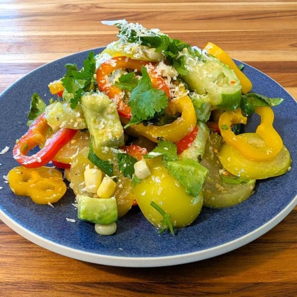 Tomatillo Salad with Sweet Peppers, Corn and Avocado