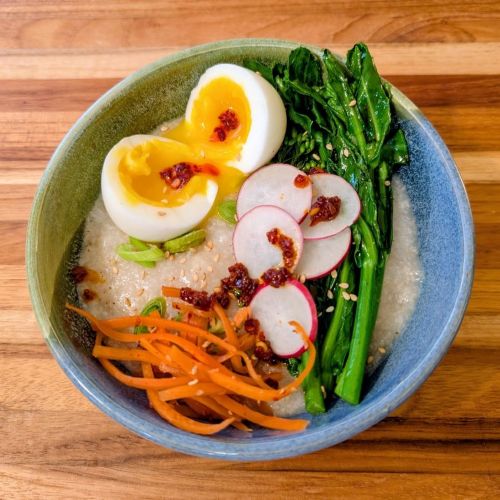 Slow Cooker Congee with Brassica Rabe and Green Garlic
