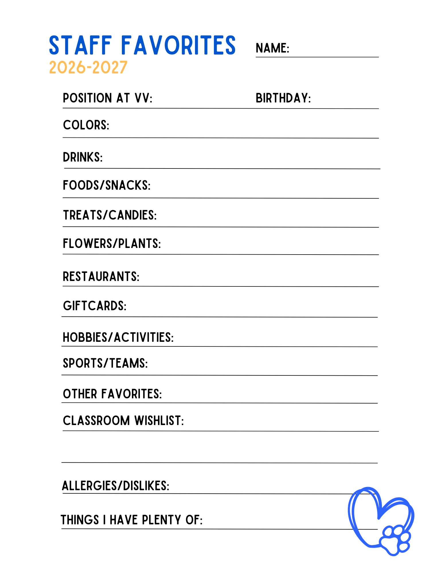 Favorite things list for staff at Valley View Elementary with personal favorites and dislikes.