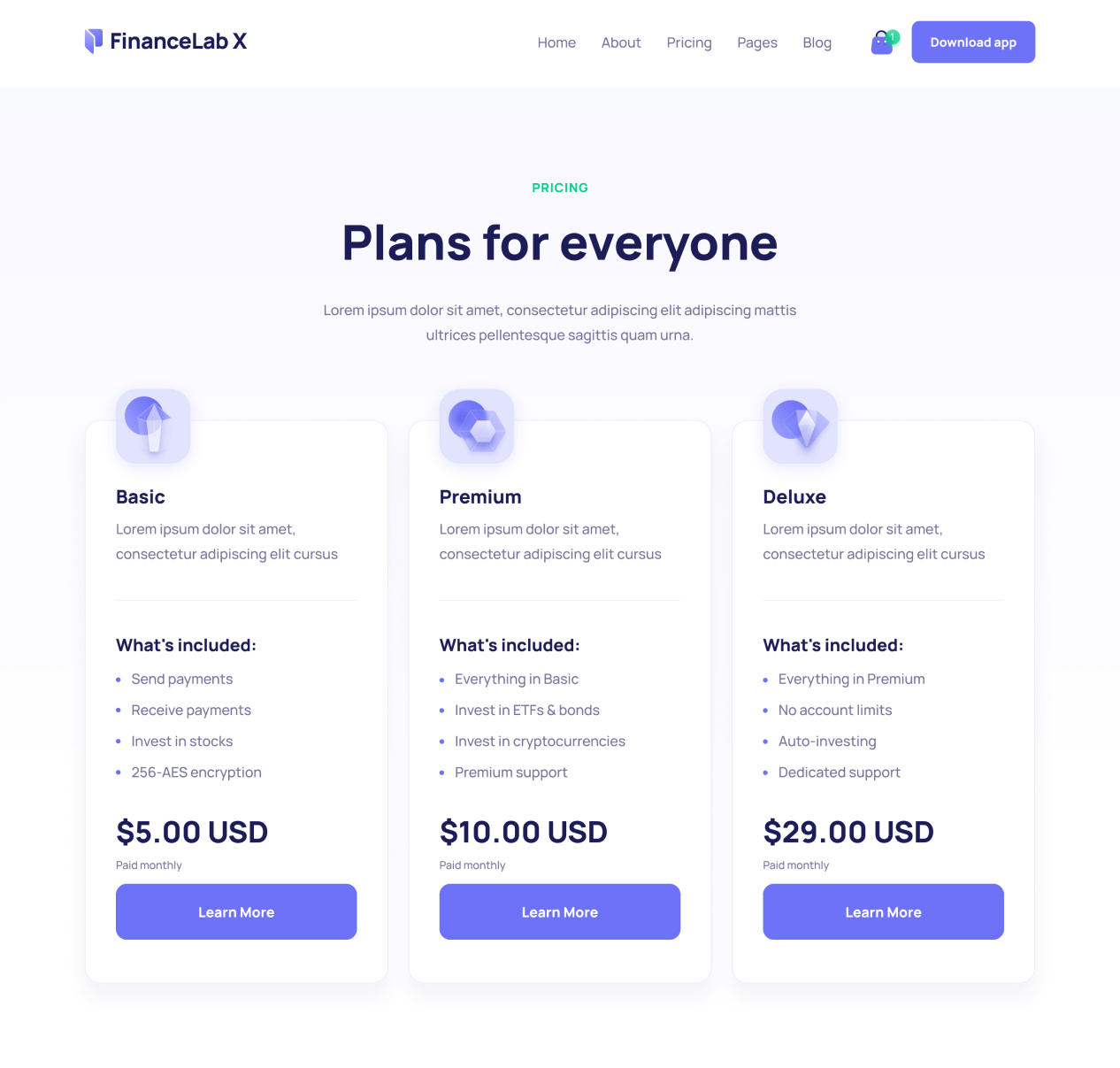Finance X - Packages page - Fintech and Finance Webflow Template