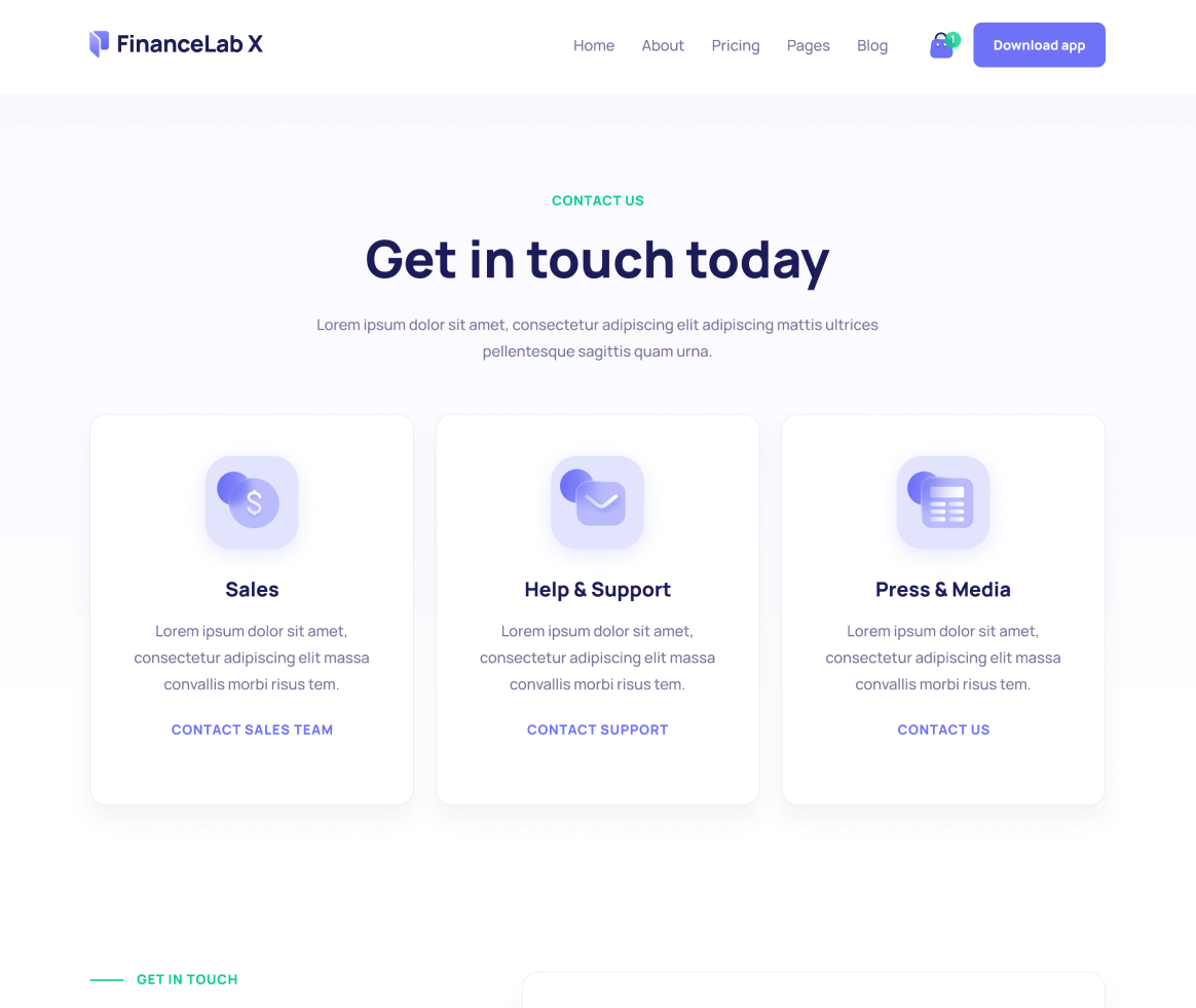 Finance X - Contact page - Fintech and Finance Webflow Template