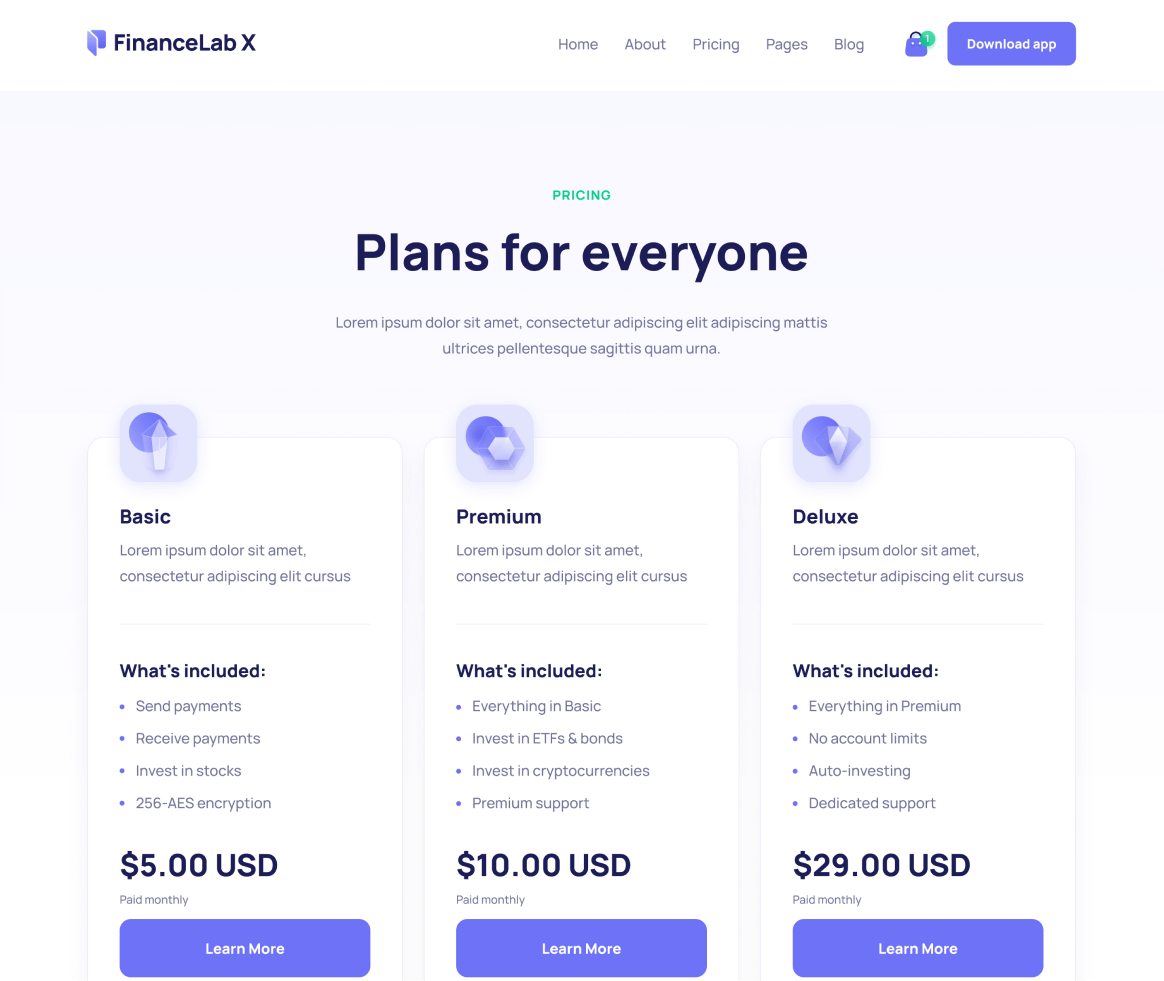 Finance X - Packages page - Fintech and Finance Webflow Template
