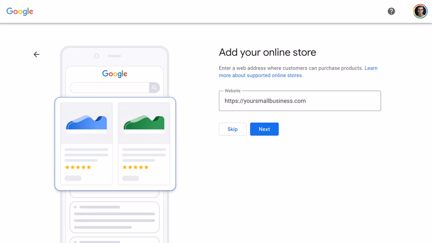 Google My Business image showing where to enter you small business's website domain