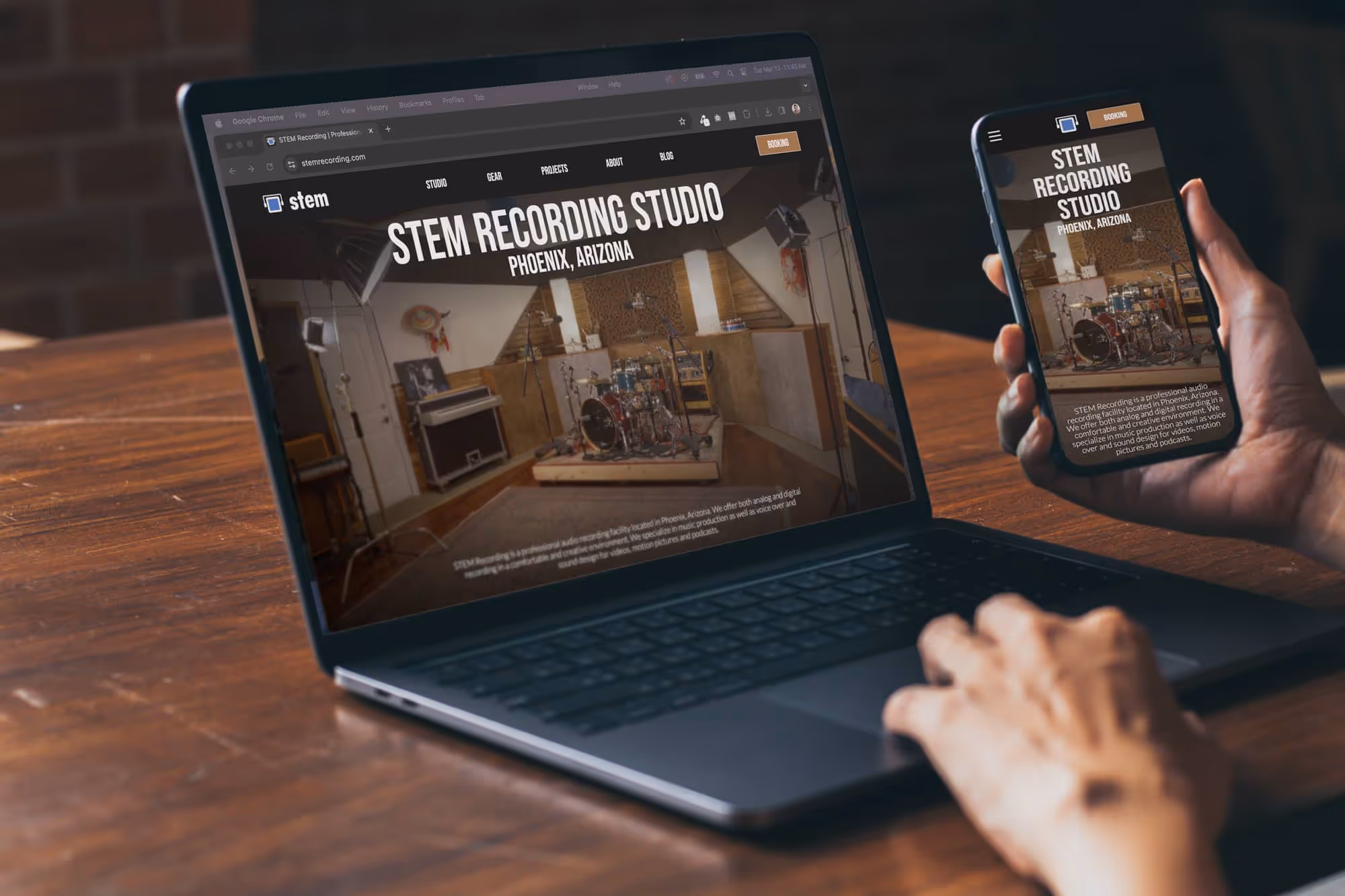 An image of a laptop computer and mobile phone illustrating a websites desktop and mobile styling differences.