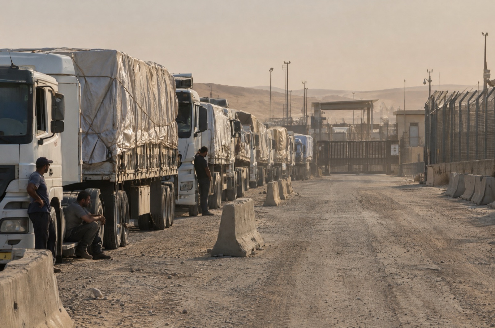 File de camions d'aide humanitaire en attente devant un point de passage fermé