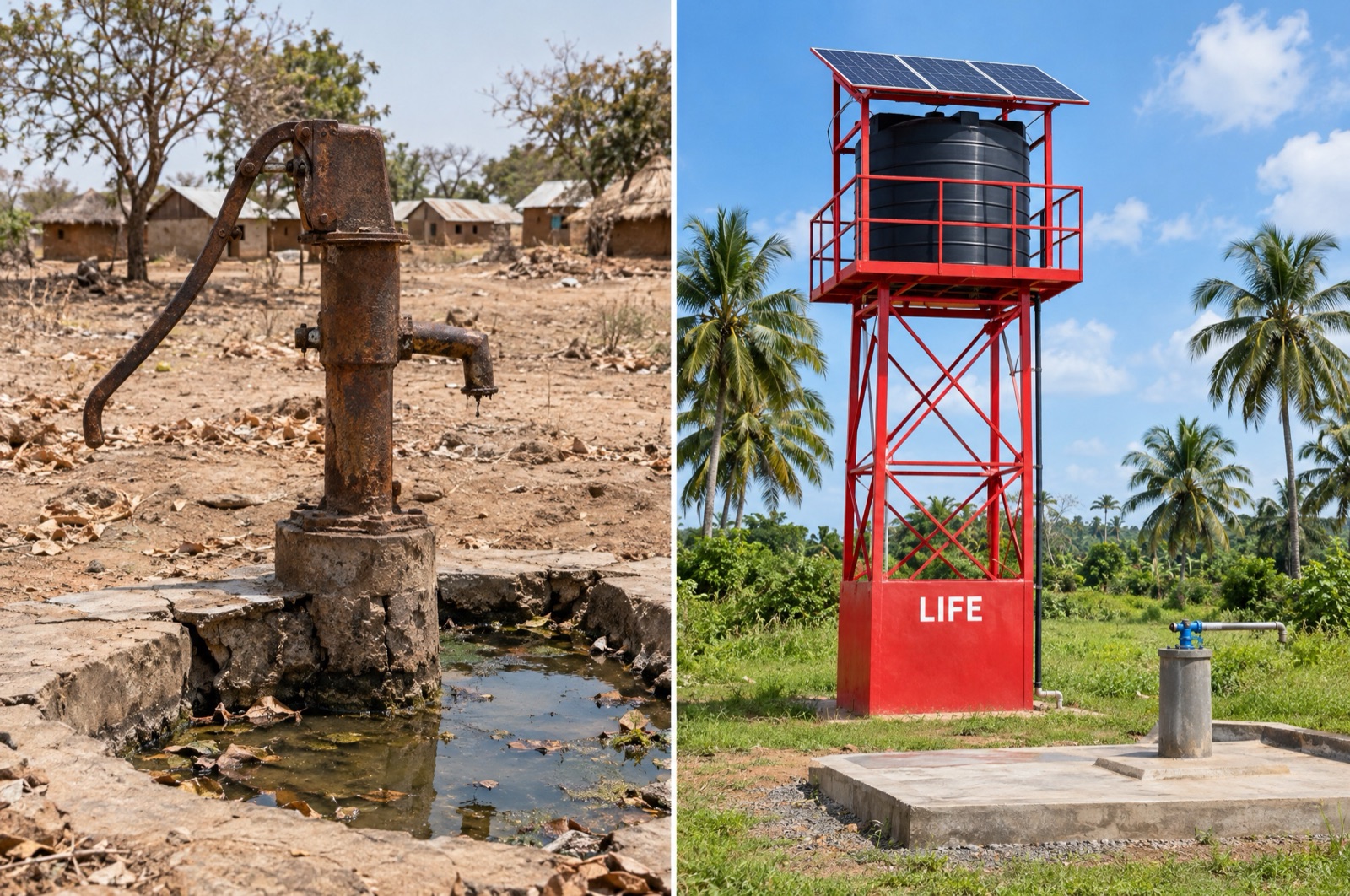 Pompe manuelle rouillée et abandonnée face à un château d'eau solaire LIFE