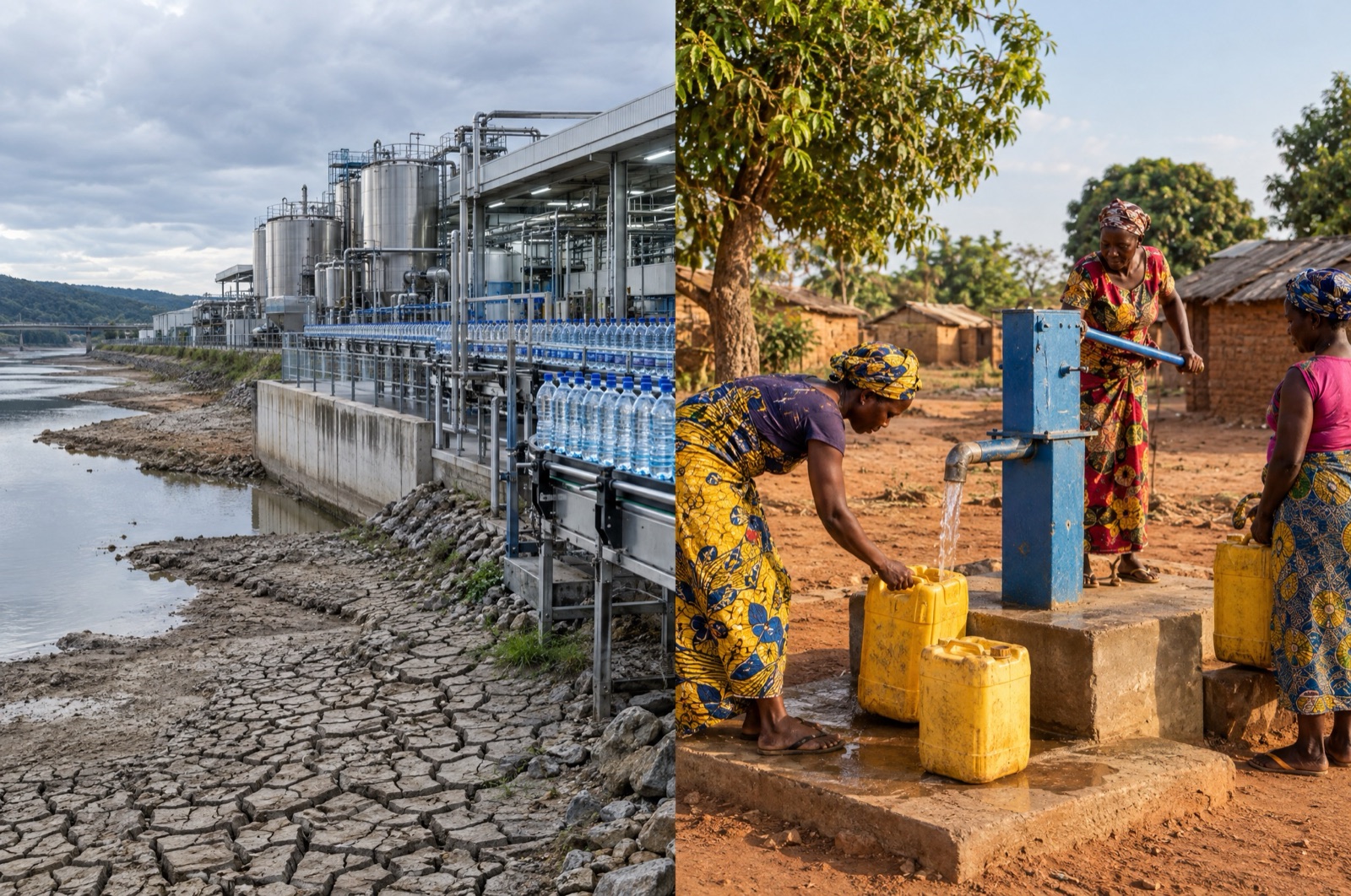 Usine d'embouteillage au bord d'une rivière asséchée face à des femmes puisant de l'eau à une pompe en Afrique
