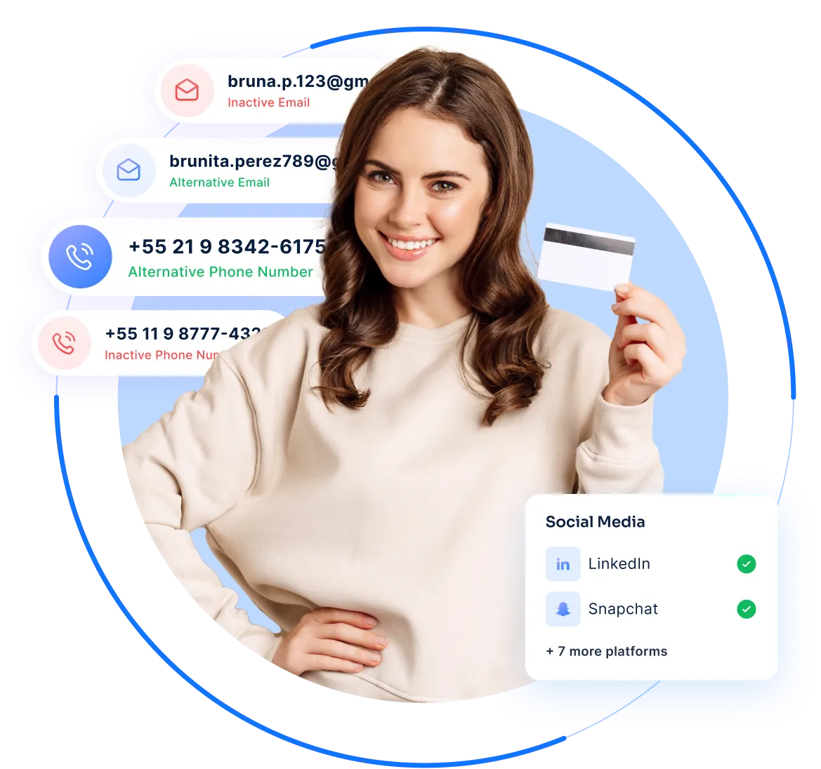 A woman holding a credit card in front of her face.