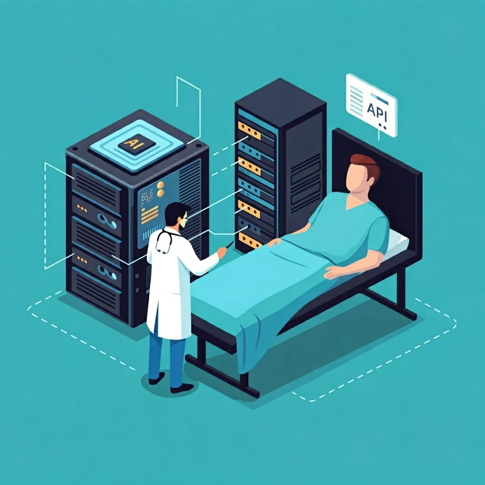 Cartoon of man as a stand-in for an API in hospital bed receiving news from a doctor while being monitored by AI. 
