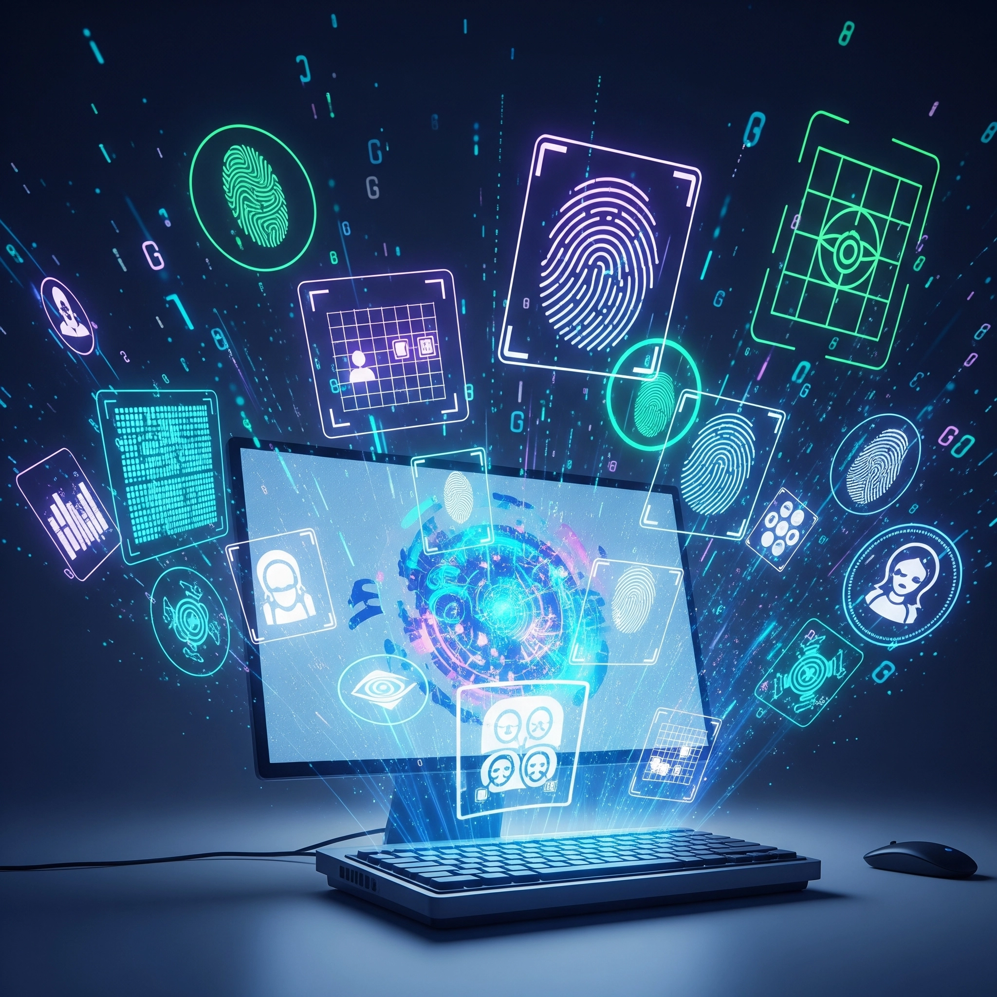 Computer with Identity Verification Holograms coming out of it.