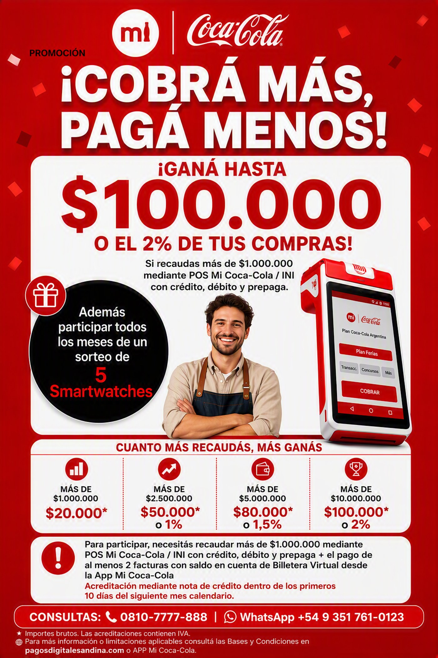 Promoción Mi Coca-Cola / INI: Cobrá más, pagá menos. Ganá hasta $100.000 o el 2% de tus compras y participá del sorteo mensual de 5 smartwatches.