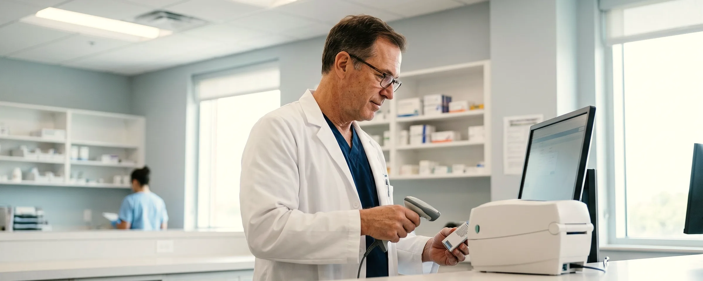 A pharmacist scans a medication box at a label printer