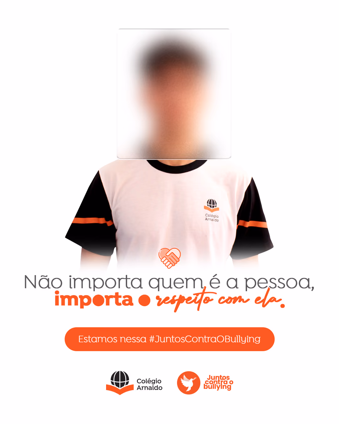 Pessoa com o rosto borrado, e frase "Não importa quem é a pessoa, importa o respeito com ela", para a campanha #JuntosContraOBullying.