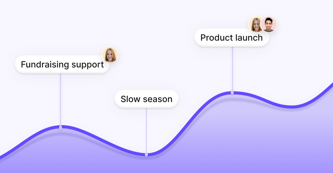 A purple line graph with a product launch and slow season.