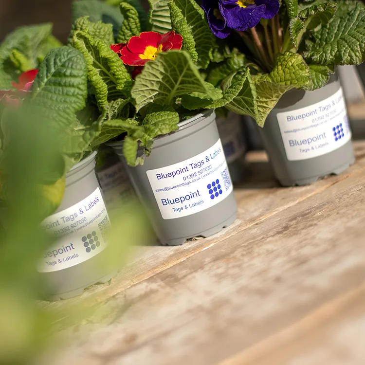 Plant pots with flowers showing thermal transfer printed self adhesive labels