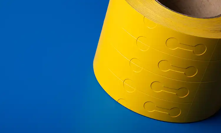 A roll of thermal transfer printing self-tie loop-lock labels in pre-coloured yellow material