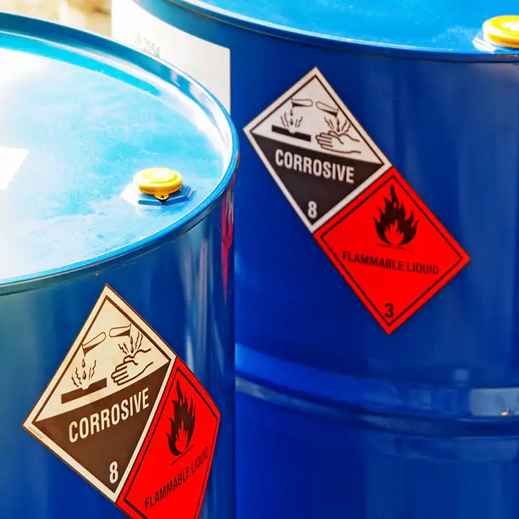 Chemical drums for marine shipping with marine grade self adhesive labels