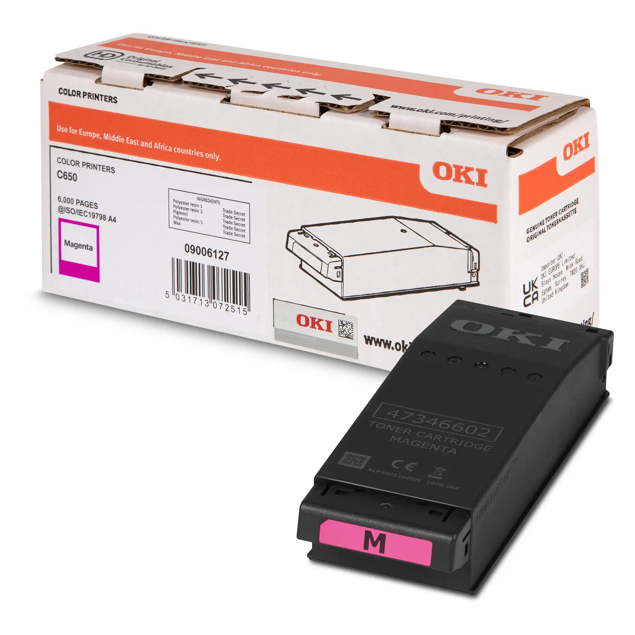 A cyan replacement printer cartridge for the OKI C650 laser printer.