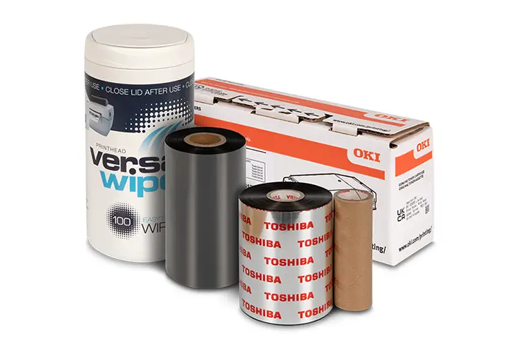 A range of printer consumables including toners, ribbons and print head wipes