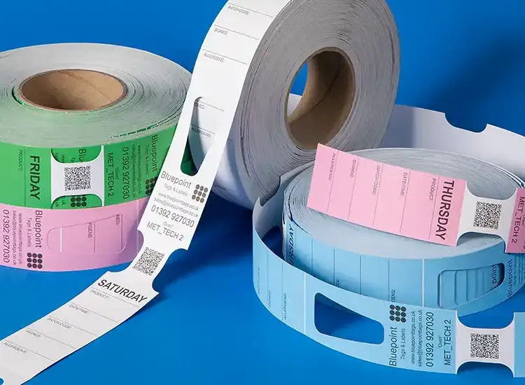 Metal detectable self tie labels and tags for the food processing and production industry