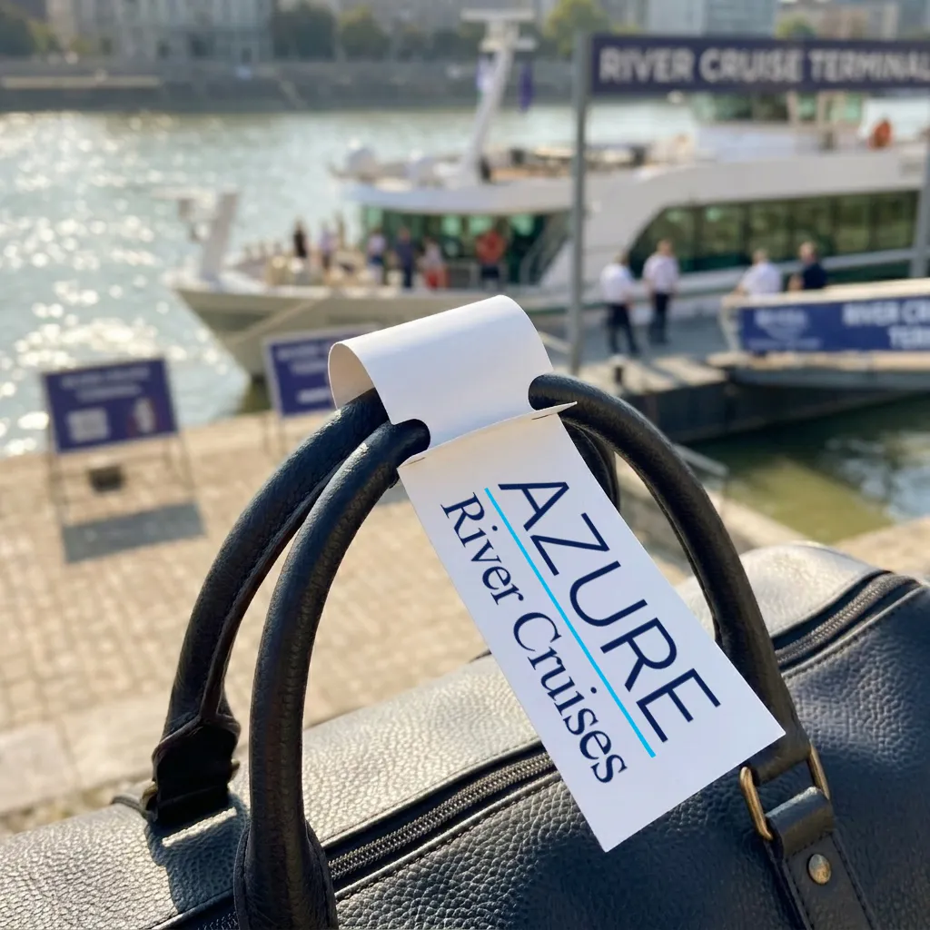 A self-tie luggage label used on baggage on a European river cruire