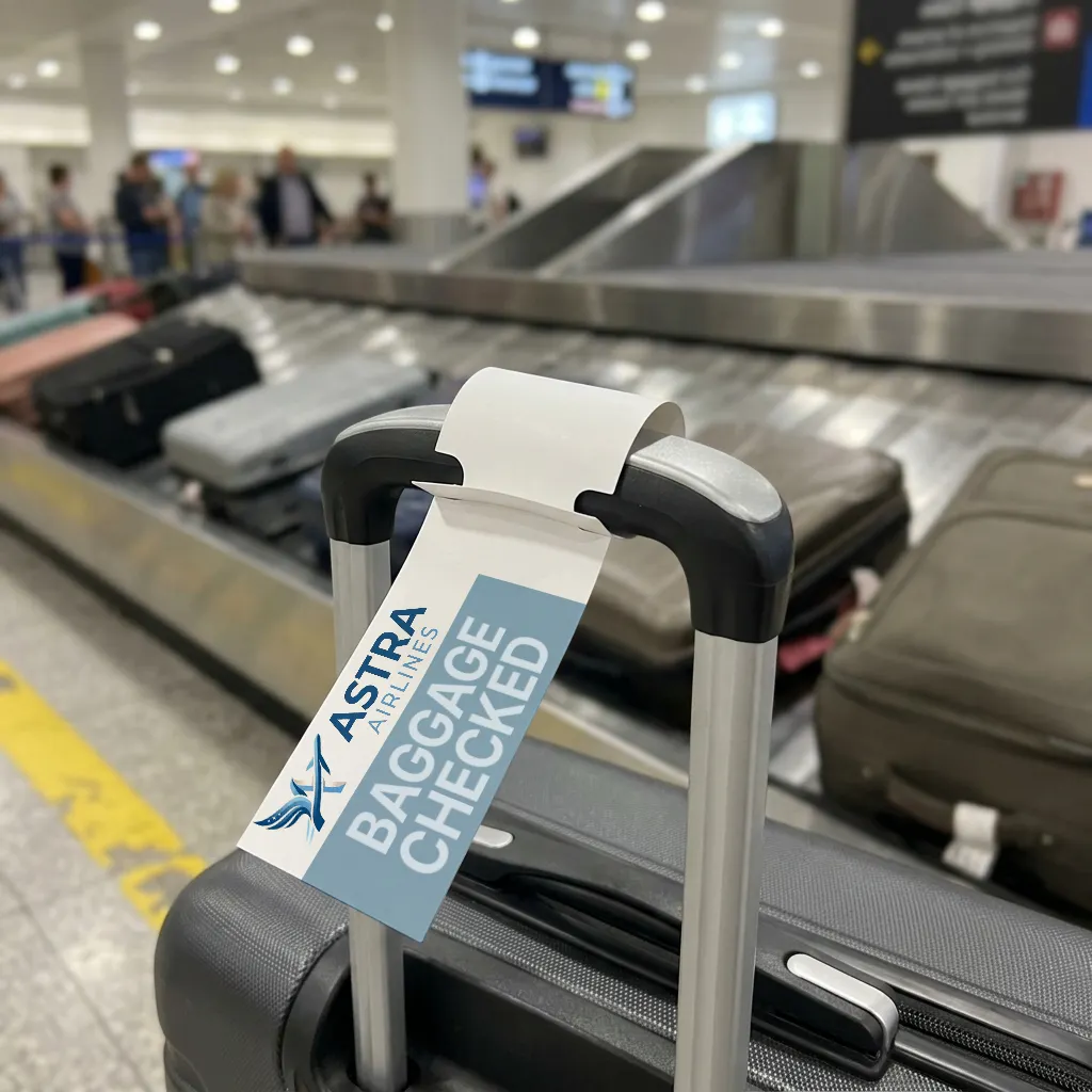 A loop lock luggage tag secured onto baggage at an airport