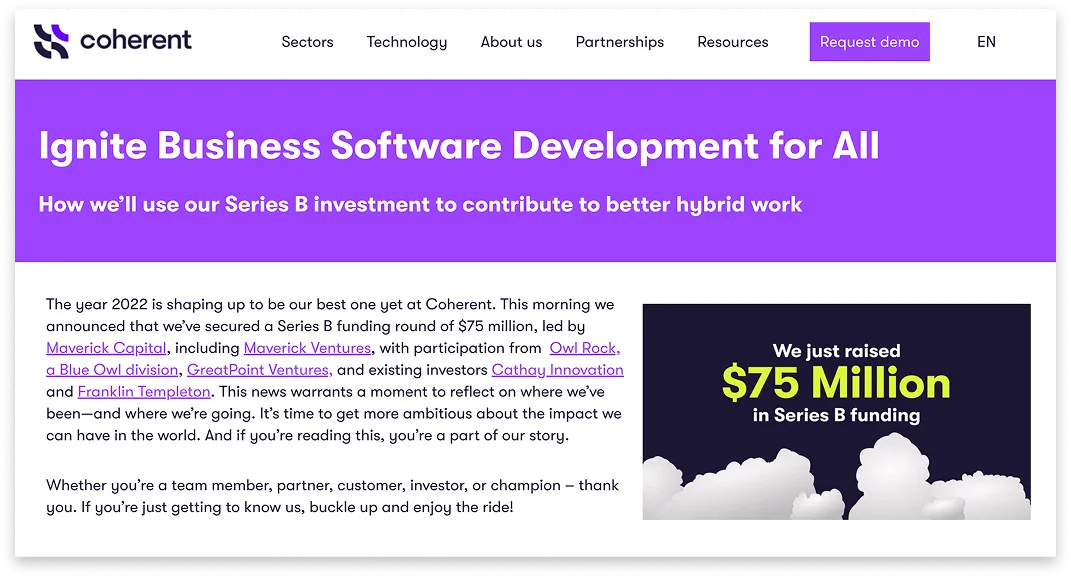 Coherent’s press announcement banner with a bold purple header reading “Ignite Business Software Development for All.” The post shares details about securing $75 million in Series B funding and lists lead and participating investors.